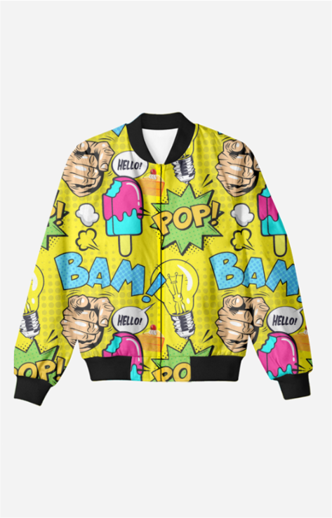 Sunshine Pop: All-Over Print Pop Art Bomber Jacket- Trendy Outerwear for All - TheSimplyStylish