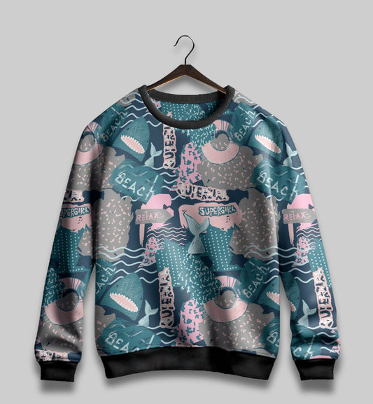 Ride the Waves: Beach Surfing Shark All-Over Print Sweatshirt