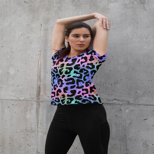 Glittery Cheetah Print Women's All Over Printed T-Shirt