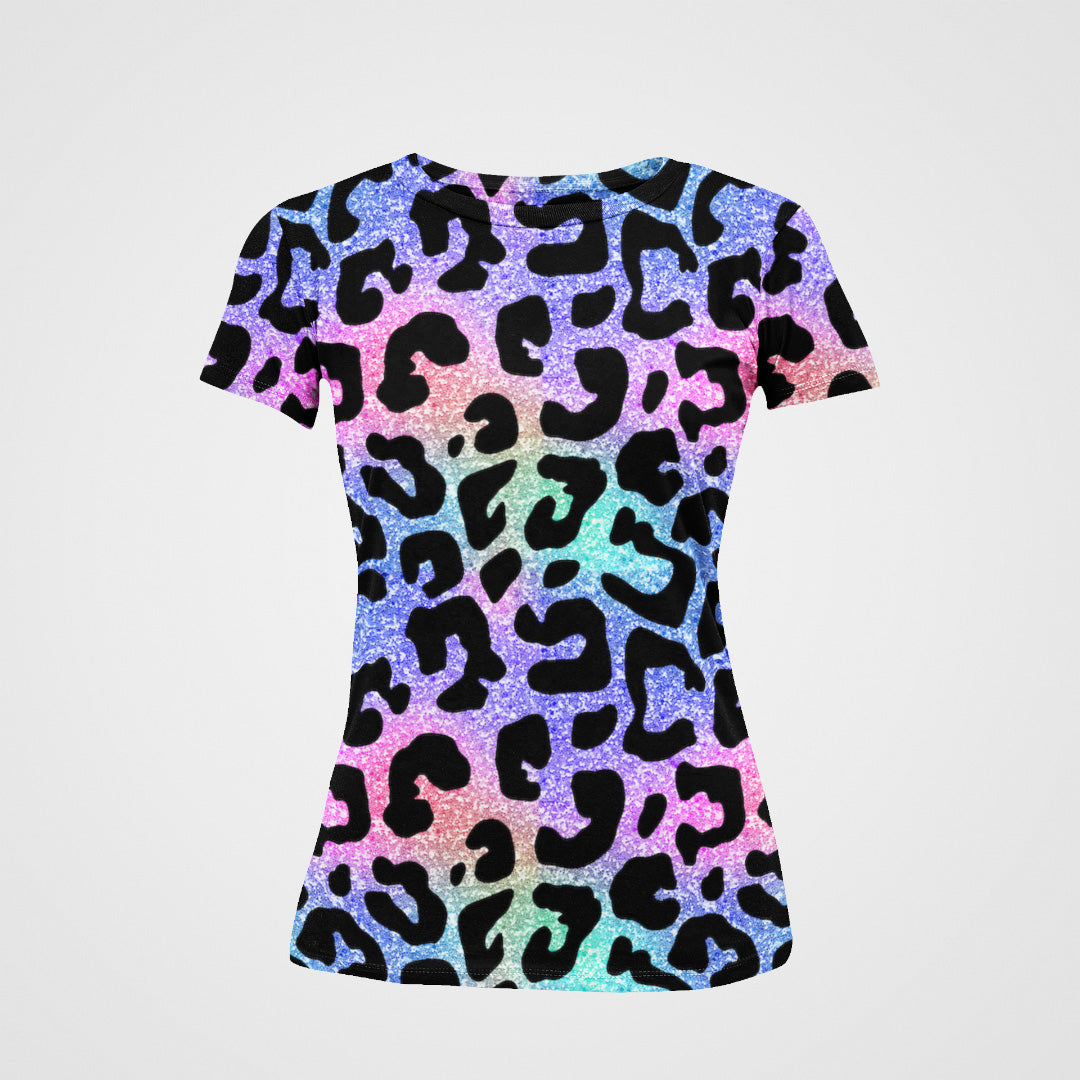 Glittery Cheetah Print Women's All Over Printed T-Shirt