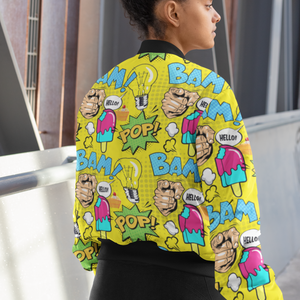 Sunshine Pop: All-Over Print Pop Art Bomber Jacket- Trendy Outerwear for All - TheSimplyStylish