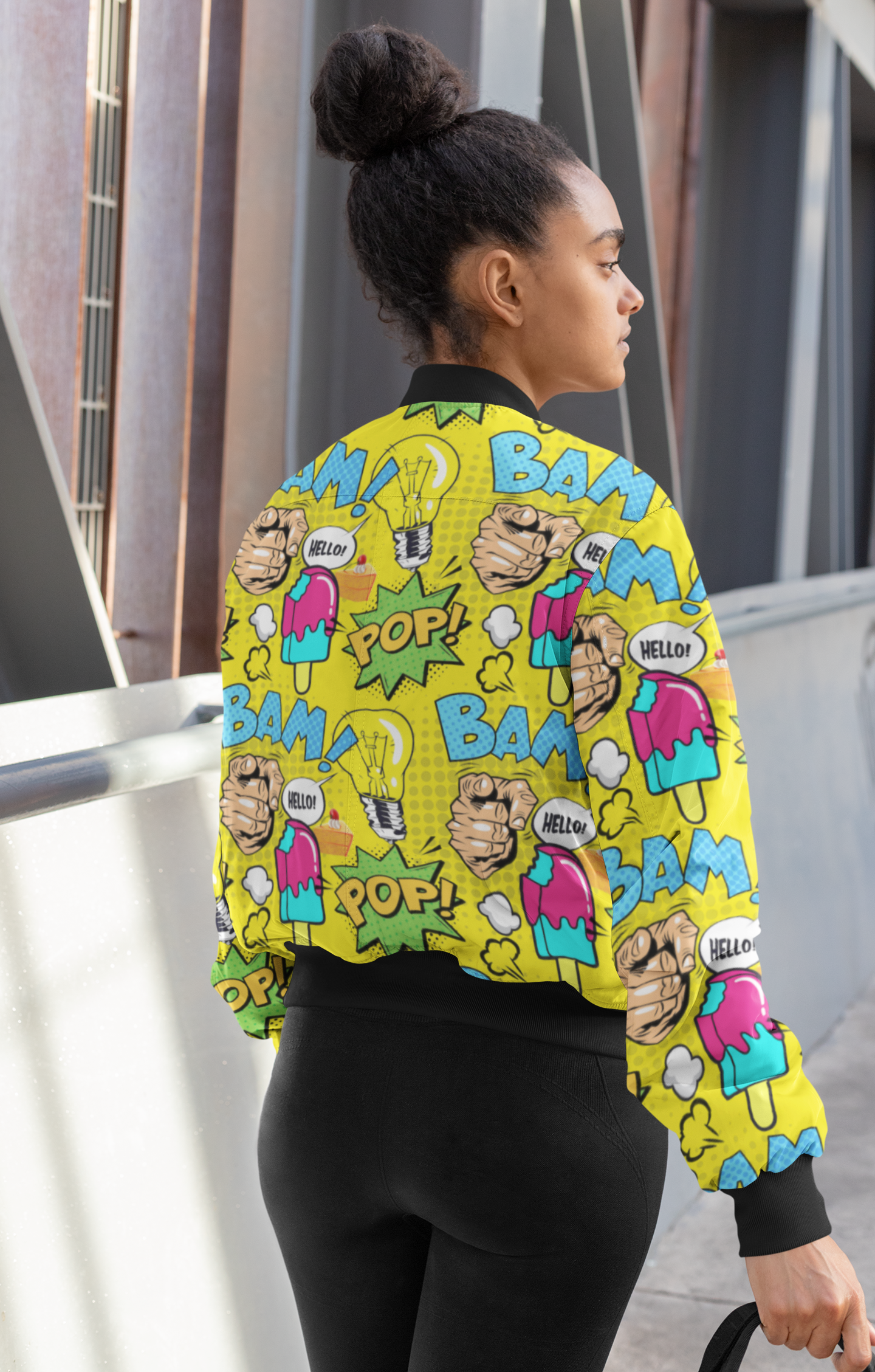 Sunshine Pop: All-Over Print Pop Art Bomber Jacket- Trendy Outerwear for All - TheSimplyStylish
