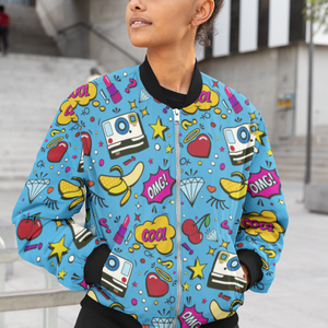 OMG Blue Pop Art All-Over Print Bomber Jacket - Trendy Outerwear for All - TheSimplyStylish
