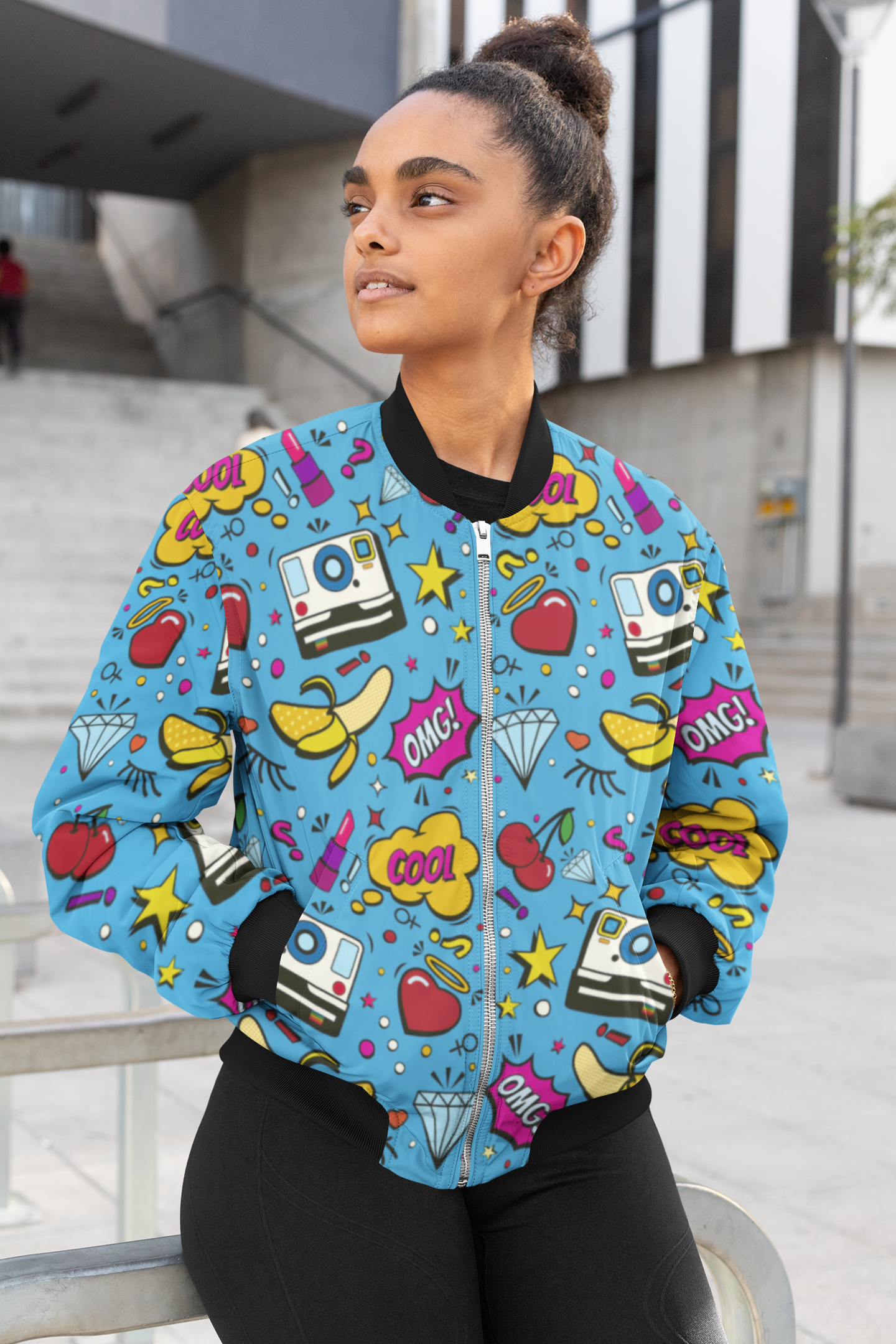OMG Blue Pop Art All-Over Print Bomber Jacket - Trendy Outerwear for All - TheSimplyStylish
