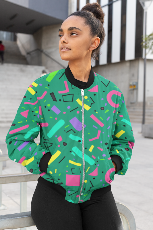 Verdant Vibes: Abstract Green All-Over Print Bomber Jacket - Trendy Outerwear for All - TheSimplyStylish