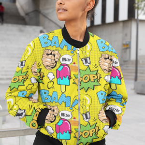 Sunshine Pop: All-Over Print Pop Art Bomber Jacket- Trendy Outerwear for All - TheSimplyStylish