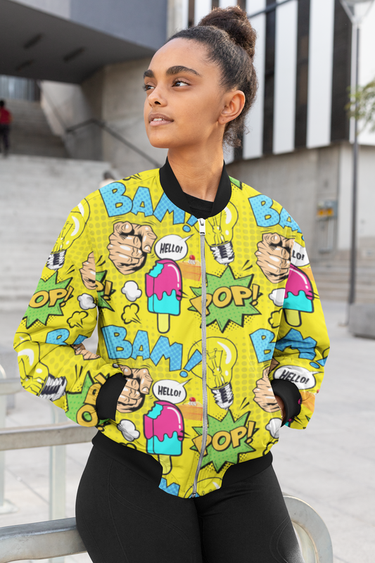 Sunshine Pop: All-Over Print Pop Art Bomber Jacket- Trendy Outerwear for All - TheSimplyStylish