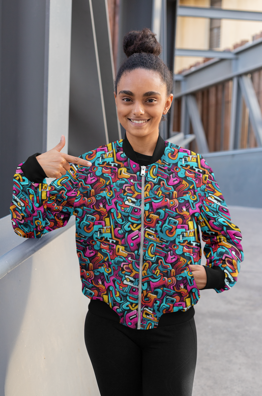Unisex Graffiti All-Over Print Bomber Jacket - Trendy Outerwear for All - TheSimplyStylish