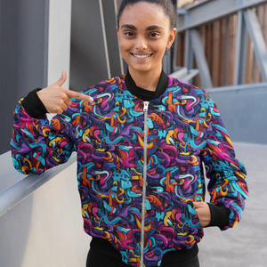 Vibrant Graffiti All-Over Print Bomber Jacket - Trendy Outerwear for All - TheSimplyStylish