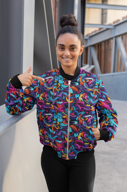 Vibrant Graffiti All-Over Print Bomber Jacket - Trendy Outerwear for All - TheSimplyStylish